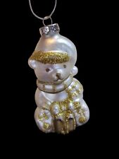 Vintage Blown Glass Ornament White Gold Glitter Bear  picture