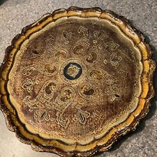 Antique FLORENTINE Italian Italy Wood Wooden Tole Tray Gilt Ornate Gold 13” picture