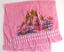 Vtg 1940s-50s Sears Harmony House Pink Bath Towel Swans Check Trim Art Deco MCM picture