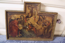 ANTIQUE RUSSION ICON ~ JESUS TAKEN FROM CROSS ~ OLD PRINT ON WOOD picture
