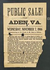 1906 antique PUBLIC SALE BROADSIDE aden va brentsville rd HARNSBERGER auctioneer picture