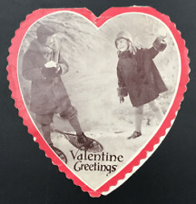 c1900s Victorian Die Cut Playful Snowball Fight Red Heart Valentine Greeting picture