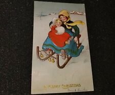 ANTIQUE 1907 EMBOSSED A MERRY CHRISTMAS POSTCARD RURAL SLEDDING SCENE picture