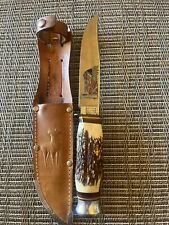 Vintage Baron Solingen Germany Carved Elk Stag Handle Etched Fixed Blade  picture
