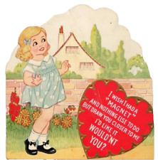 Vtg Valentine Card Girl Garden Hearts wish I Had a Magnet Draw You Closer c1930s picture