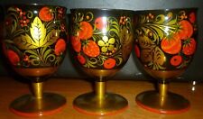 VINTAGE RUSSIAN HOHLOMA WOOD CARVED WINE WATER FOOTED GOBLET SET OF 3 picture