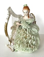 Vintage LARGE Muller Volkstedt Dresden Lace Lady Playing Harp Figurine 7”H picture