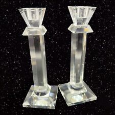 Vintage Crystal Pillar Candle Holder Set 2 Clear Glass Candle Stick Holder 8”T picture