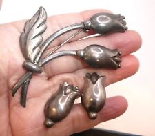 HECTOR AGUILAR HA TAXCO MEXICO STERLING SILVER LARGE TULIP PIN BROOCH & EARRINGS picture