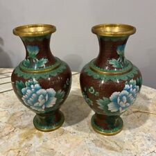 SET Two Vintage Cloisonné Vases 8” tall picture