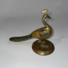 Vintage 4” X 5” Brass Peacock Bird w/Red Incised Details Long Tail Signed India picture