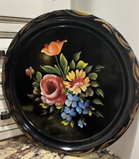 Vintage Metal  Round Tole Painted Floral Tray  13” Black picture