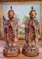 Pair Antique Italian Borghese Asian Monks Cinnabar Red Gold Gilded Accent Lamps picture