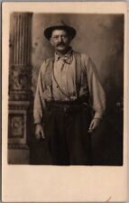 c1910s Studio Photo Postcard Older Man in Work Clothes / Tools - Occupational picture
