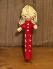 Handmade Vintage Clothespin Ornament Blonde Girl In Red Christmas Pajamas picture