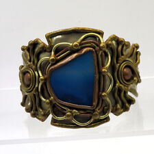 STUNNING Vintage Artisan Made BLUE AGATE Mixed Metal Cuff Bracelet ONE of KIND picture