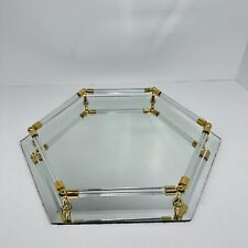 Vintage Mirrored Vanity Tray Dressing Table Brass Floral Pattern Octagon picture