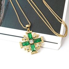 Green Topaz Jerusalem Cross Crusaders Pendant Necklace Gold Plated 18k picture
