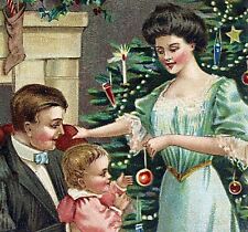 c.1910 Pretty Girl & Children Christmas Tree Holly Postcard Gold Embossed #71 picture
