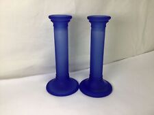 RR5 Vintage Old 1 Pair of Frosted Blue Glass Candle Holder For Decoration picture