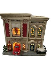 2005 Holiday Time Lighted Fire& PoliceS Station Christmas Village Collectible picture