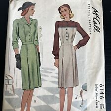 Vintage 1940s McCalls 6146 Shirtwaist Pleated Dress Sewing Pattern 20 M/L CUT picture