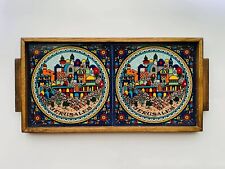 Big Vintage Israel Wood Tray Ceramic Tile Souvenir from Jerusalem Judaica picture