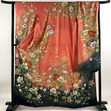 63.8inc Japanese Kimono SILK FURISODE Flowers Foil Pink picture