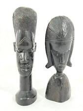 Pair Of Hand Carved African Ebony Wood Male And Female Head Figurines picture