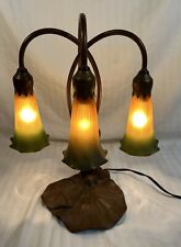 Tiffany Style Lily Pad Lamp 3 Frosted Yellow/Green Art Glass Tulip Shades picture