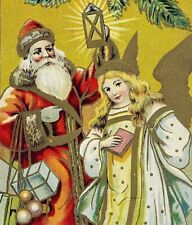 C. 1910 Old World Santa Claus & Angel Bag Toys Gold Embossed Postcard picture