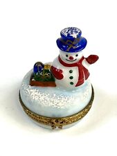 Porcelain Hinged Trinket Box Limoges Dubarry Peint Main Snowman Snowflakes picture