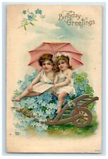 c1910's Birthday Greetings Two Girls Umbrella Cart Flowers Embossed Postcard picture