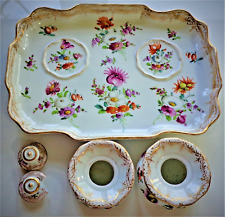 1870s 5PC SIGND MEISSEN DRESDEN PORCELAIN DOUBLE INKWELL ON PEN TRAY CARL THEIME picture