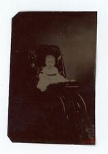 c1860'S 1/6 PLate 2X3.25 in TINTYPE Adorable Baby in White Dress Baby Carriage picture
