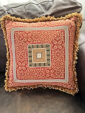 Vintage Red Brocade Couch/Bed Throw Pillow With Fringe 14” Square picture