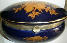 Vintage Faux Limoges Porcelain Hinged Trinket Box Cobalt &Gold Trim Floral picture