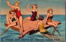 VTG 1939 COMIC HUMOR LINEN PC SEXY GIRLS ON SWIM RAFT IN OCEAN, BATHING LADIES picture