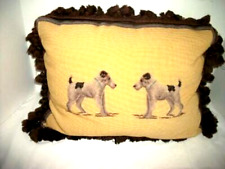 VINTAGE NEEDLEPOINT PETIT POINT DOG PILLOW AIREDALE TERRIERS FRINGED VELVET LG picture