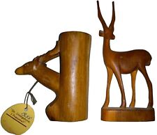 Lot Of 2 Vintage Hand Carved Acacia Wood Gazelle Figurine and Candle Holder MCM picture