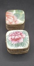 2 Vintage Chinese Porcelain Shard Trinket Box Embossed Metal Contoured Fitted EU picture
