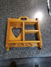 Wood Wall Decor Shelf w pegs for cups or hats 4 Sections Hearts Cut in Wood 13