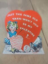1940s 50's Girl Knitting Valentine Greeting Card Vintage MCM Red Die Cut Used picture