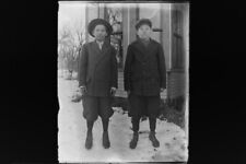 Antique 4x5 Inch Plate Glass Negative Of Two Young Boys Posing Outside E12 picture