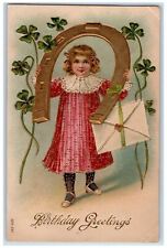 1909 Birthday Greetings Girl Holding Horseshoe With Letter Embossed Postcard picture