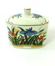 Porcelain Trinket Box with Lid Oriental Orchids Bird Japan Vintage picture