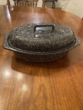 Vintage Oval Enamelware Black Speckle Speckled Roasting Pan with Lid New picture