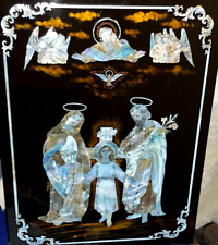 GORGEOUS RARE VINTAGE HOLY FAMILY GOD ANGELS & HOLY GHOST ABALONE SHELL PLAQUE picture