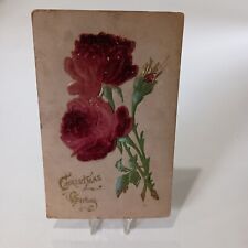 Postcard Christmas Red Felt Embossed Roses 101645 picture