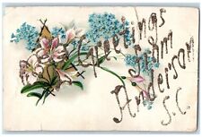 Anderson South Carolina Postcard Greetings Glitter Flowers 1907 Vintage Antique picture